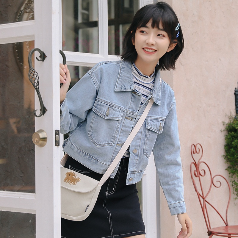IELGY     Áo Khoác denim Ngắn Phong Cách retro Hàn Quốc Cho Nữ