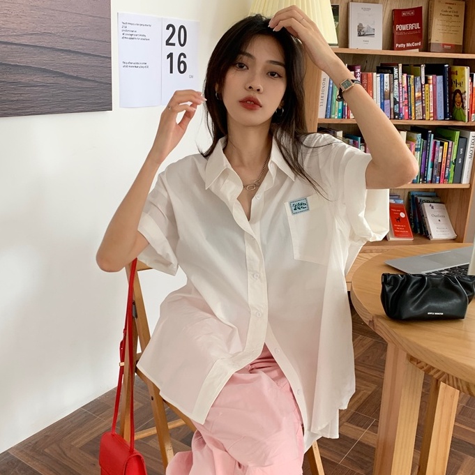 Áo Sơ Mi Trắng Tay Ngắn Dáng Rộng Thời Trang Cho Nữ
