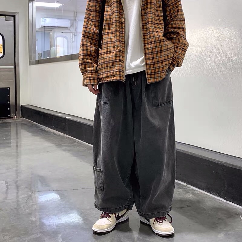 Quần bò jeans ống rộng túi cách điệu cạp chun Ulzzang oversize form rộng hiphop siêu chất
