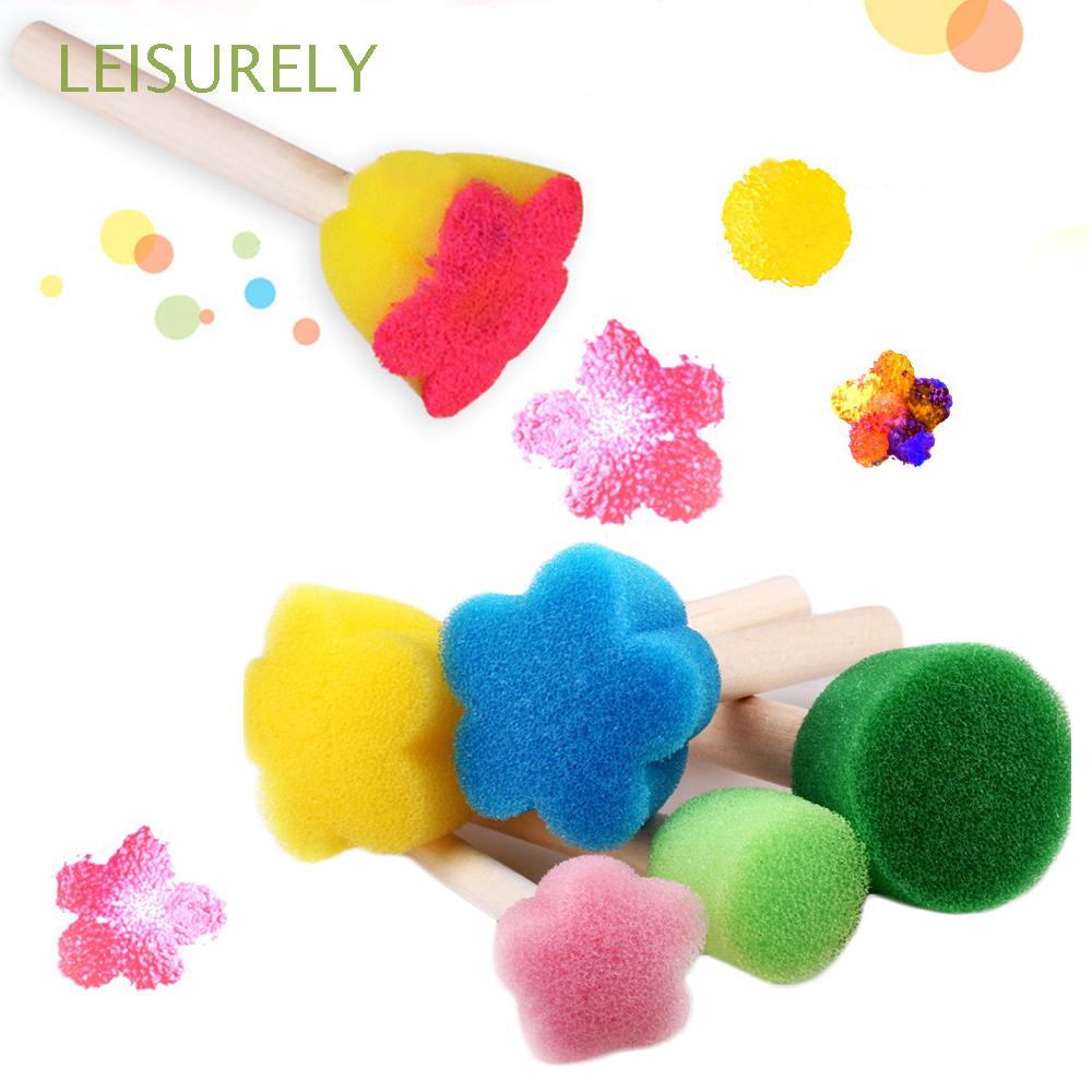 5pcs/set Kids Gift Educational Graffiti Flower Pattern Wooden Handle Sponge Brush