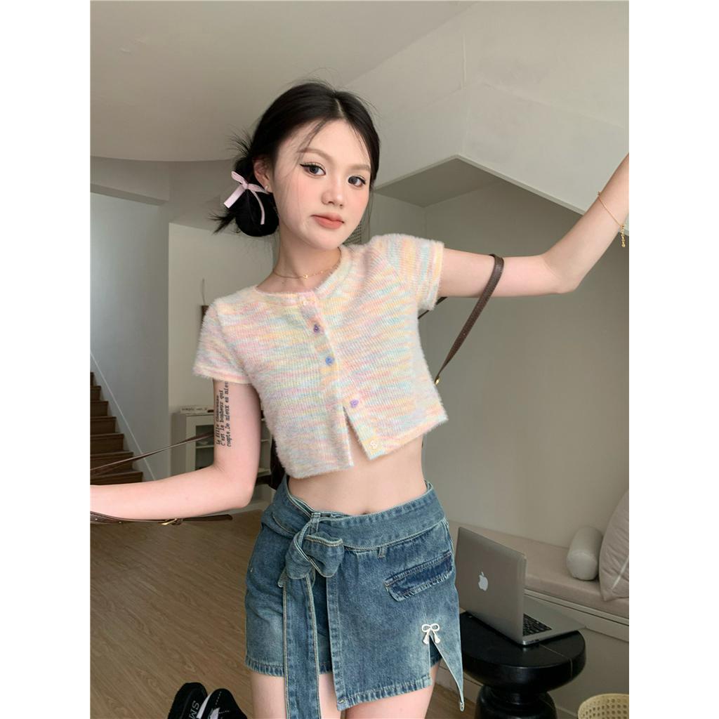 Áo Thun Dáng Ôm Ngắn Tay Phối Màu Cầu Vồng Thời Trang Cá Tính 63686