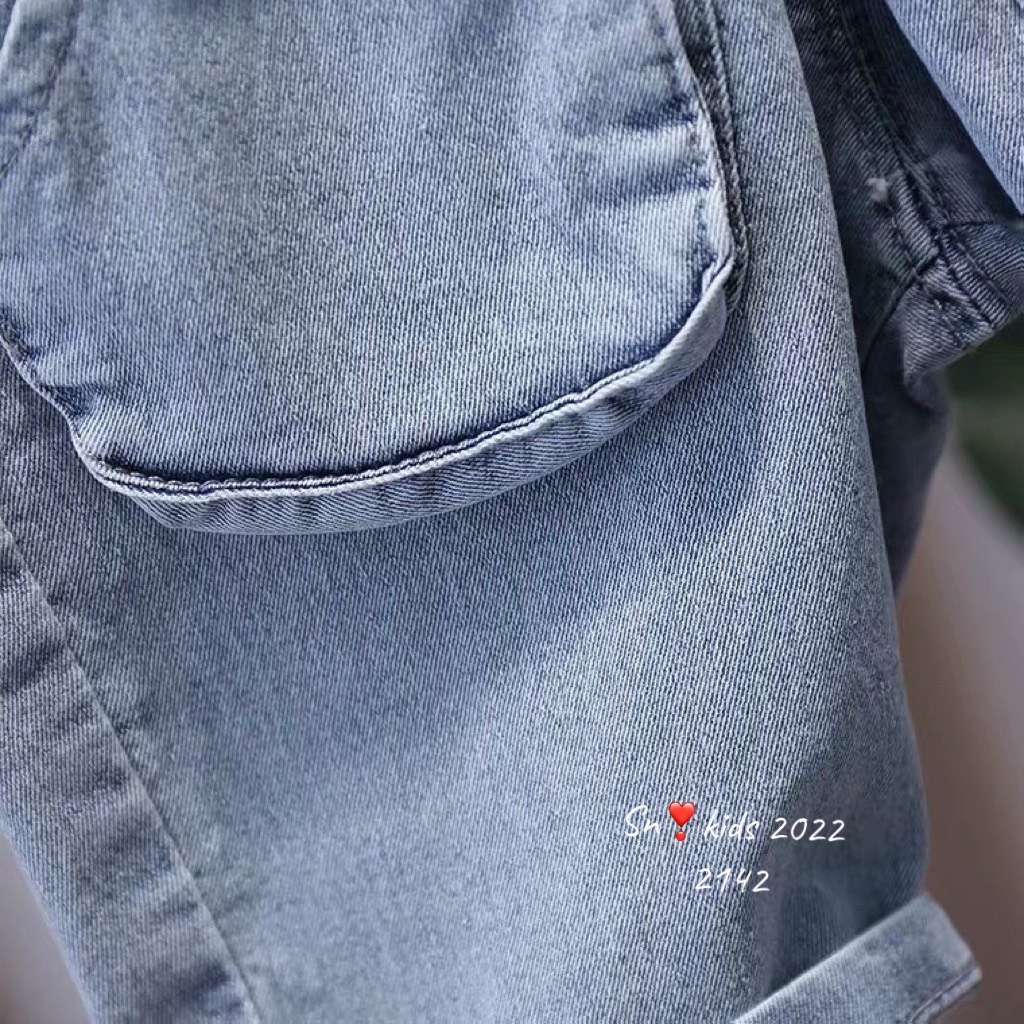 Bộ quần áo cộc tay bé trai, Sét áo polo kẻ to họa tiết gấu MARIO kèm quần bò ngố cho bé size 10-32kg