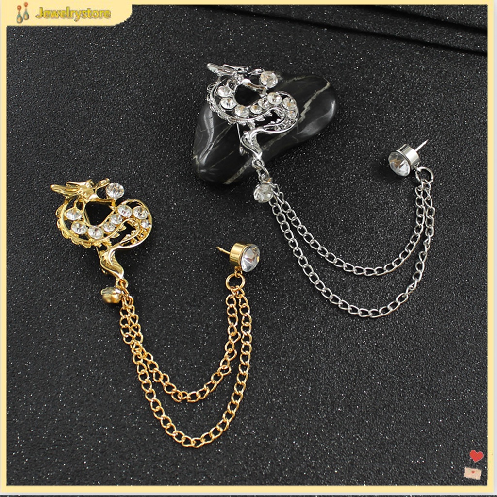 Ghim cài áo hình rồng đính đá phối dây xích phong cách Trung Hoa