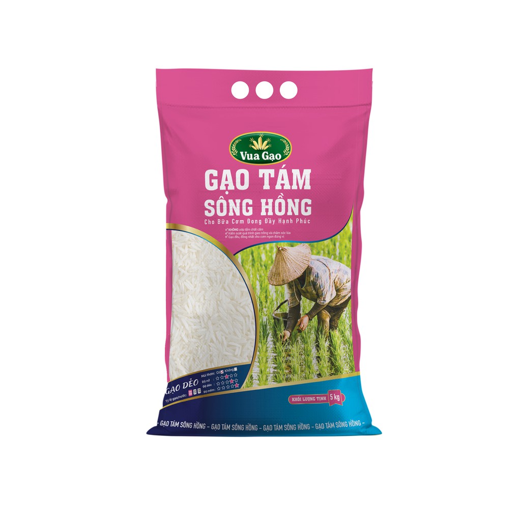 [MUA 3 TẶNG 25K] Gạo Thơm Tám Sông Hồng Túi 5kg – Chính Hãng Vua Gạo – Gạo Dẻo Nhiều, Ngọt Hậu, Ráo cơm