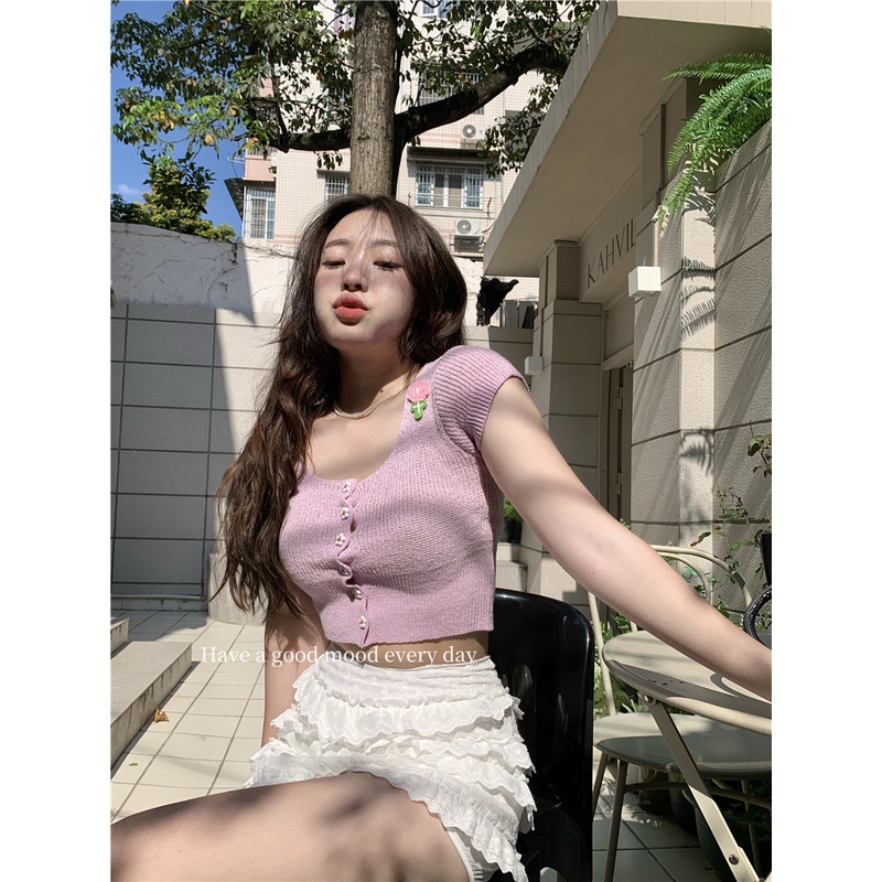 Cocory vn Áo Cardigan Croptop Dệt Kim Tay Ngắn Cổ Vuông Màu Đỏ Hồng Thời Trang Mùa Hè Quyến Rũ Cho Nữ