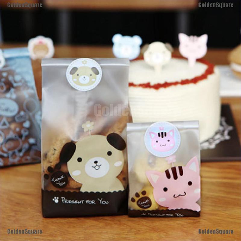 Mới Bộ 50 Túi Nhựa Đựng Bánh Quy Hình Chó Mèo Xinh Xắn