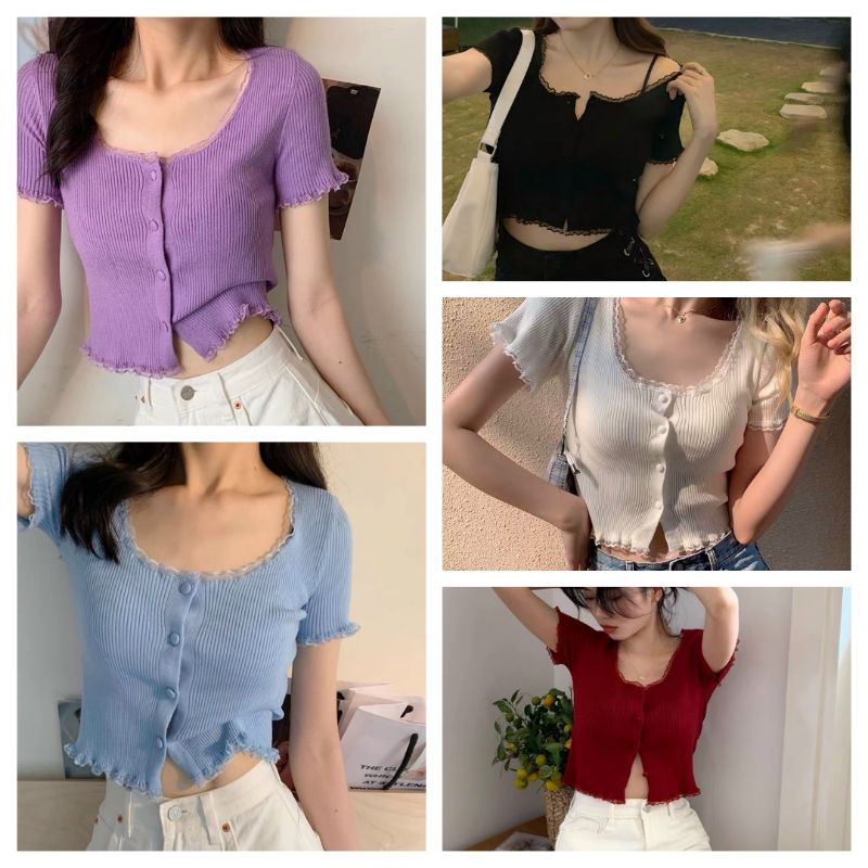 Áo len khuy viền ren ngực croptop hàng QC