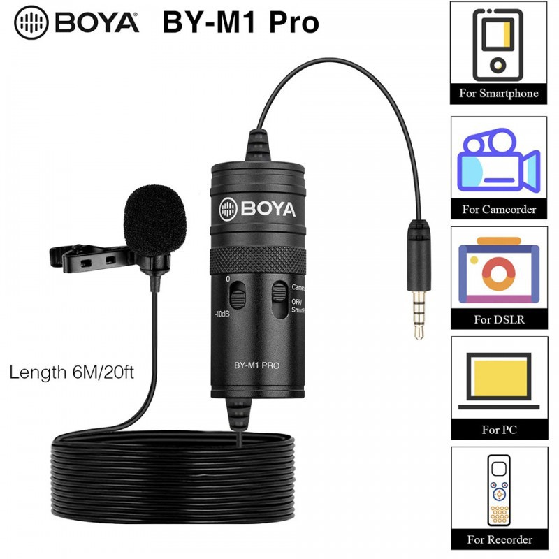 Micro thu âm cài áo BOYA BY-M1 Pro dành cho điện thoại, máy ảnh, cổng chuẩn 3.5mm, thích hợp làm video Vlog, Livestreams