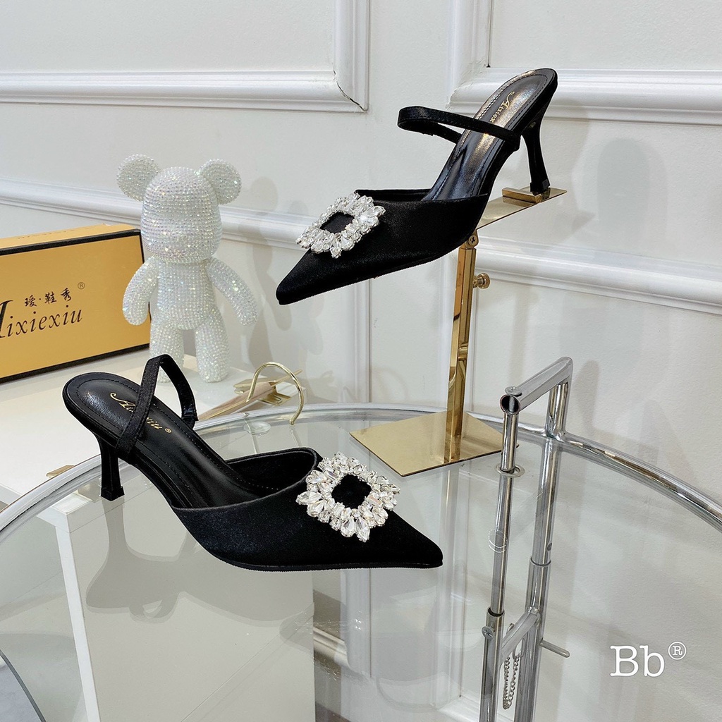 Sandal lụa mịn bít mũi nhọn nơ đá trắng vuông gót đũa nhỏ - 7P