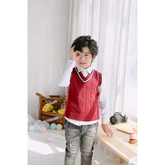 Áo gile len cổ tim phong cách Hàn Quốc cho bé trai, hàng QCCC, chất mịn đẹp