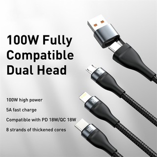 Cáp sạc nhanh 3 đầu Baseus Flash Series 3 in1 Plus (USB + Type-C to M+L+C, 100W Quick Charge and Data Cable)