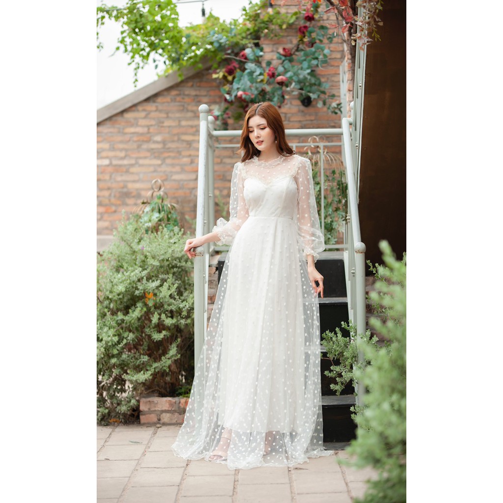 Đầm maxi dạ hội tay dài phôi ren chấm bi tiêu thư cực xinh - Kèm hình thật 100%