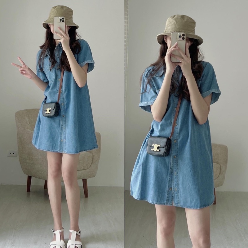 Váy Đầm Bò Chất Mát Hàng QC Dáng Suông Tay Vắn kèm ảnh thật Kaylee