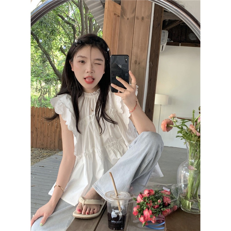 Áo Sơ Mi Trắng Dáng Rộng Xếp Ly Phối Bèo Dễ Thương Thời Trang Mùa Hè Cho Bạn Gái | BigBuy360 - bigbuy360.vn