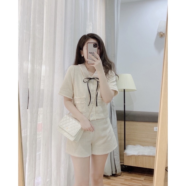 Set dạ be tay ngắn cổ nơ
