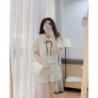 Set dạ be tay ngắn cổ nơ