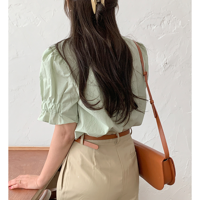 SUXI Áo Sơ Mi Nữ Tay Ngắn Màu Trơn Phong Cách Hàn Quốc