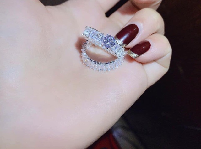 Nhẫn kép đá nhân tạo siêu siêu sáng bạc mạ vàng trắng (xi kim cao cấp)