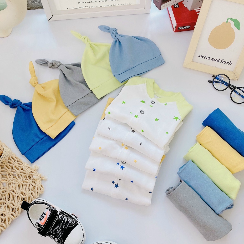 Bộ cotton len sơ sinh dài tay cho bé trai bé gái tặng lèm mũ 3-9kg
