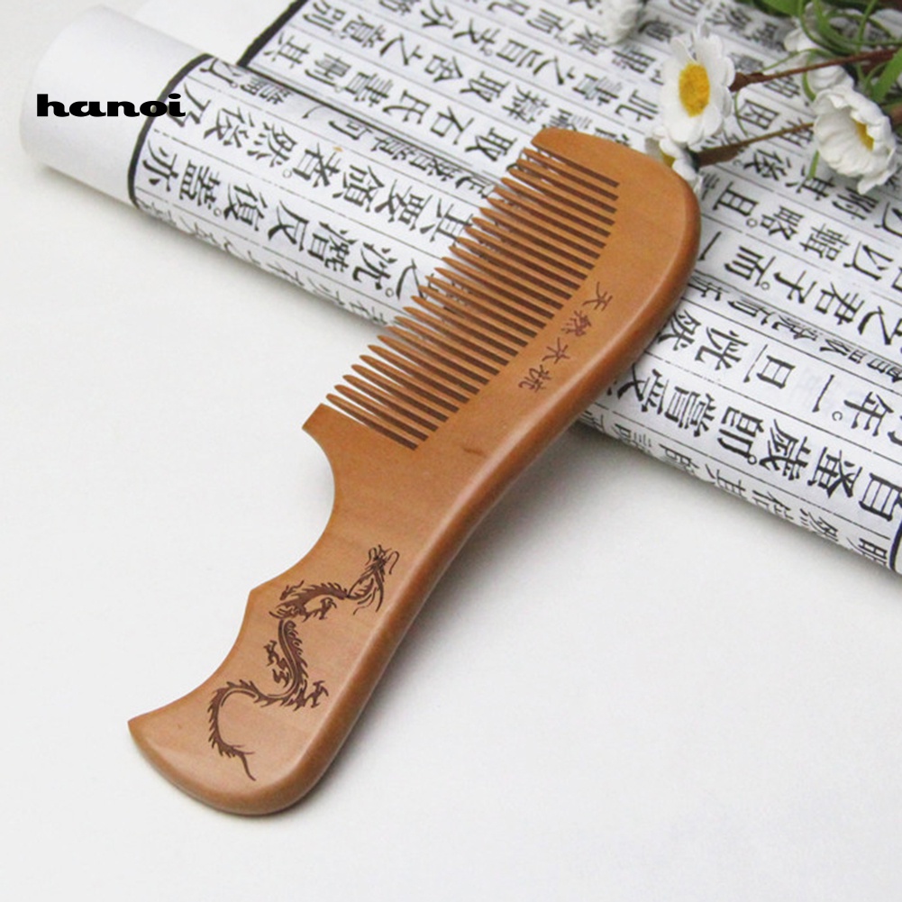 Lược Gỗ Đào Khắc Họa Tiết Rồng Phượng Chống Tĩnh Điện Mát Xa Da Đầu