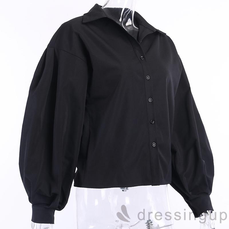 DRESSINGUP-Áo Sơ Mi Màu Trơn Tay Phồng Phối Nút Cá Tính Cho Nữ