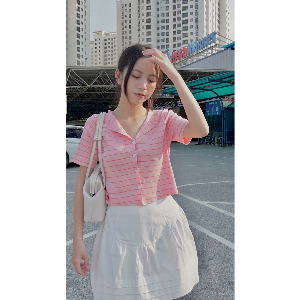 Áo len nữ kẻ tay lỡ cúc tim basic LOLLIE STUDIO AL01