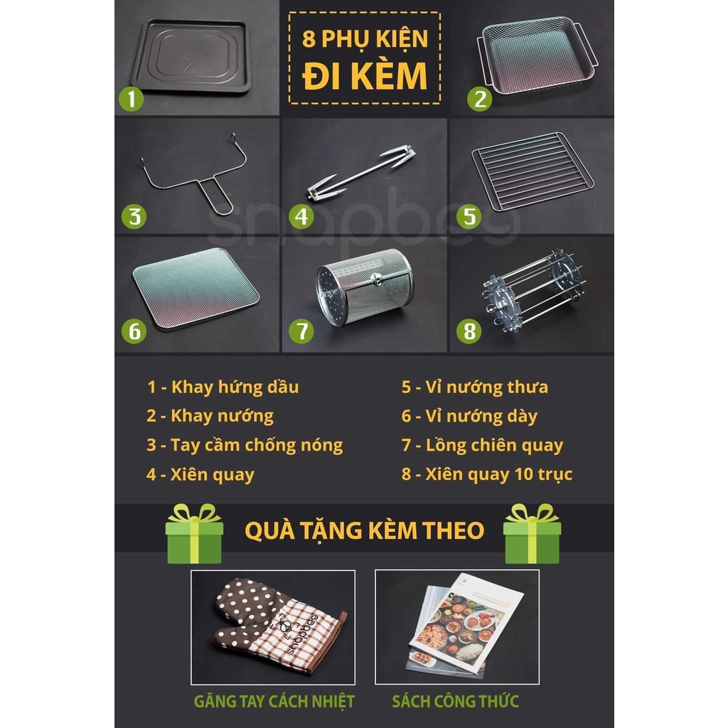 Nồi chiên không dầu Snapbee 15L hoàn toàn tiếng Việt không cần lật thực phẩm