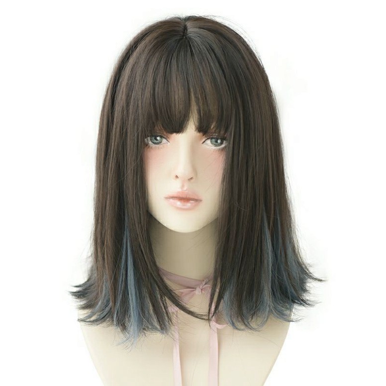 [Sẵn] Wig teen/lolita/cosplay M05 nâu pha xanh khói hai lớp (tóc giả nguyên đầu cúp ngang vai) tại MIU SHOP 09
