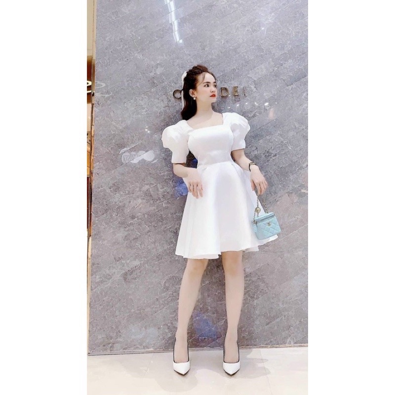 Váy Trắng Tay Phồng Cổ Vuông Xoè Nơ Lưng Bản To Dự Tiệc Chất Taffa V274 Free Size AĐ BOUTIQUE