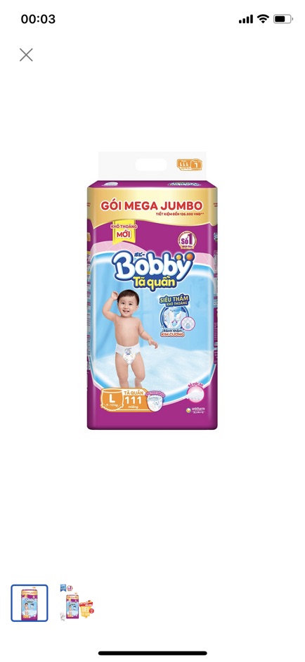 Tã Quần Bobby Gói Mega Jumbo M120 L111 XL102 XXL93