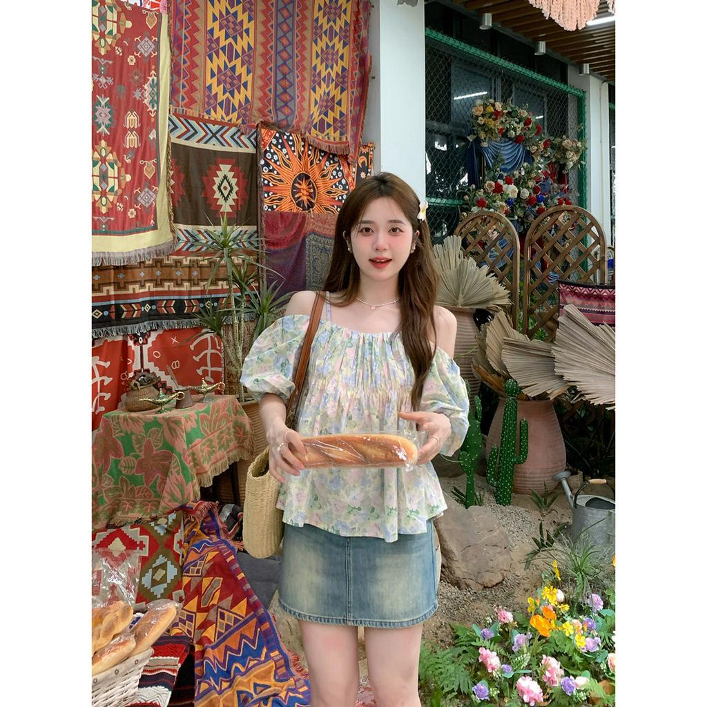 Porozi Áo croptop Trễ Vai Họa Tiết Hoa Thời Trang Mùa Hè Mới Cho Nữ