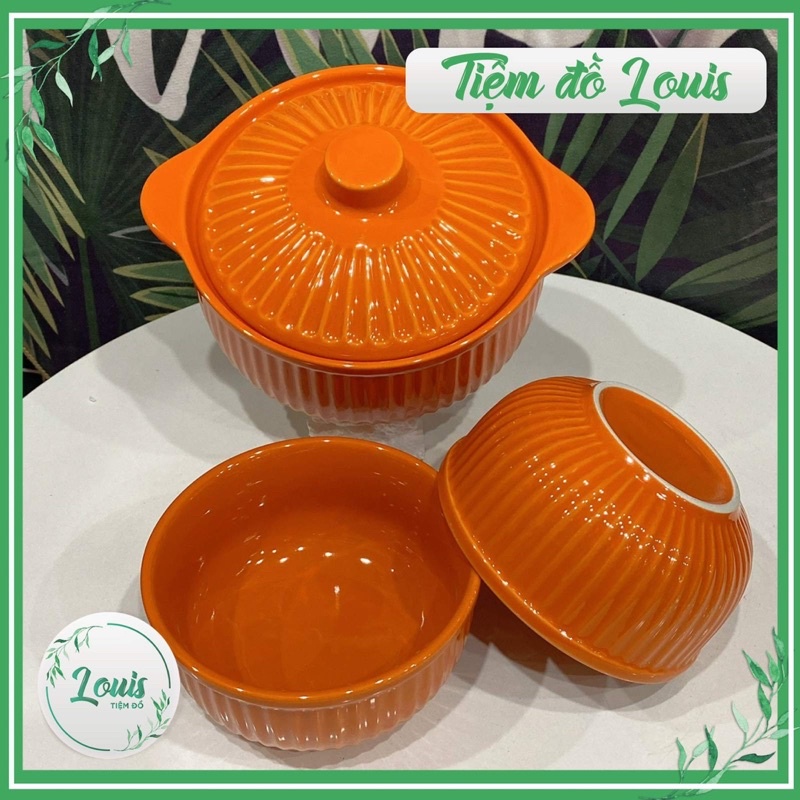 Nồi mì Nồi sứ có nắp kẻ sọc 5 màu pastel đựng cơm canh soup decor bàn ăn dung tích 1000ml