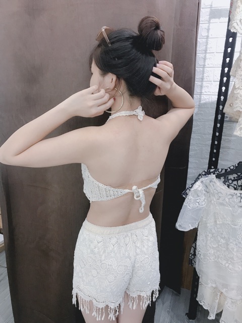 Set biển mới - set 3 món - bra sóng + quần ren hoa tua rua điệu + choàng tay lượn sóng (có tách rời)