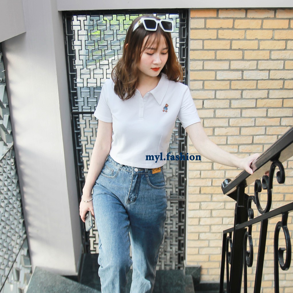 Áo thun croptop myl.fashion, áo kiểu croptop có cổ cộc tay thêu hình gấu | BigBuy360 - bigbuy360.vn