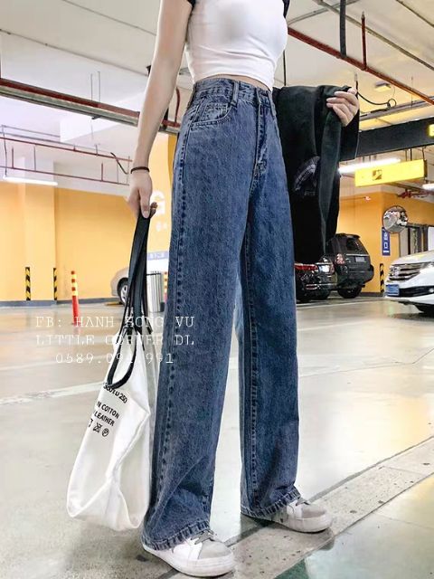 Quần baggy jeans cạp cao ống loe nhẹ màu xanh đá ulzzang kèm ảnh thật