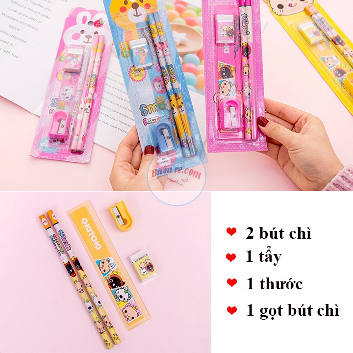 Bộ học tập 5 món bao gồm bút chì, thước kẻ, tẩy, gọt bút dành cho bé yêu 01083 Buôn Rẻ