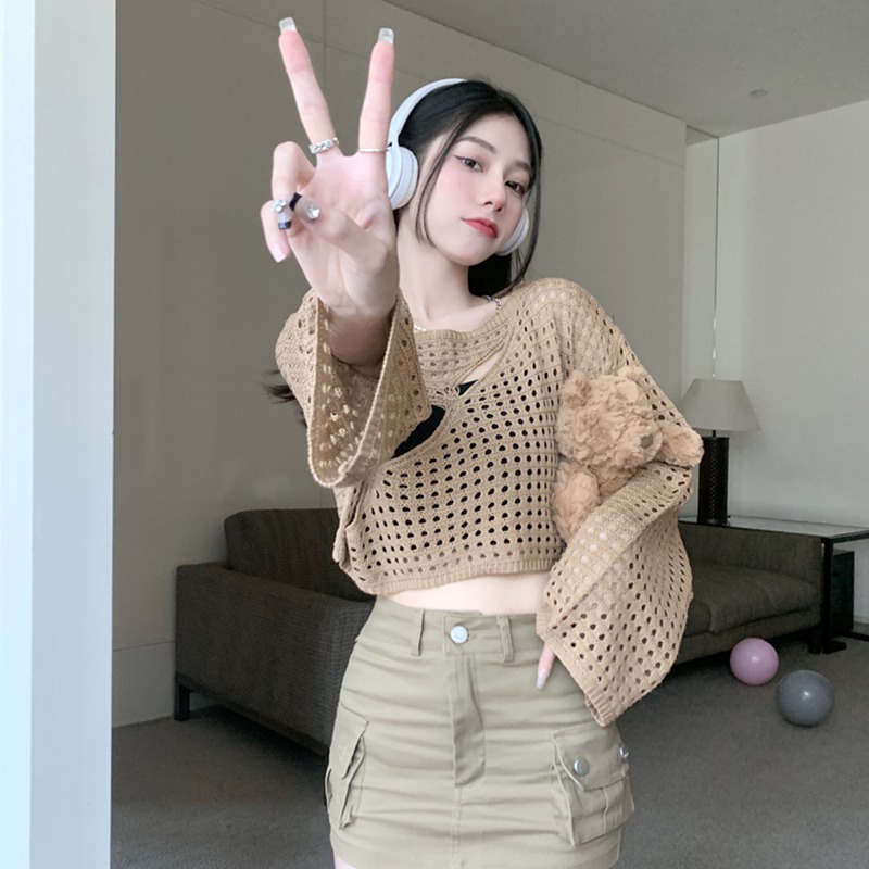 Áo Croptop Dệt Kim Tay Dài Cổ Tròn Màu Trơn Phối Lưới Thời Trang Hàn Quốc Cho Nữ