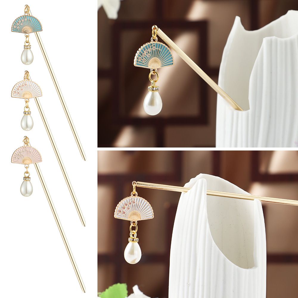 Trâm cài tóc hình quạt đính ngọc trai giả cổ điển phong cách Trung Hoa