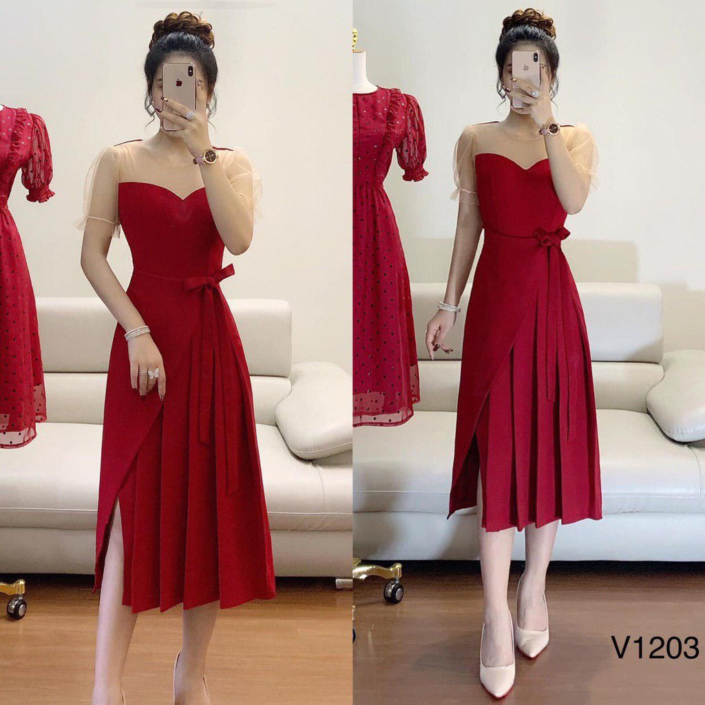 [ xả kho ] MiD Đầm đỏ cách điệu cánh tiên, thắt nơ eo V1203 kèm ảnh thật