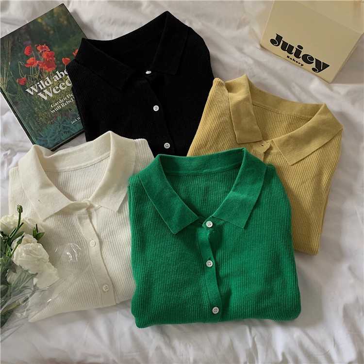 Áo thun POLO dệt kim tay ngắn dáng rộng màu sắc đơn giản dễ phối đồ | BigBuy360 - bigbuy360.vn