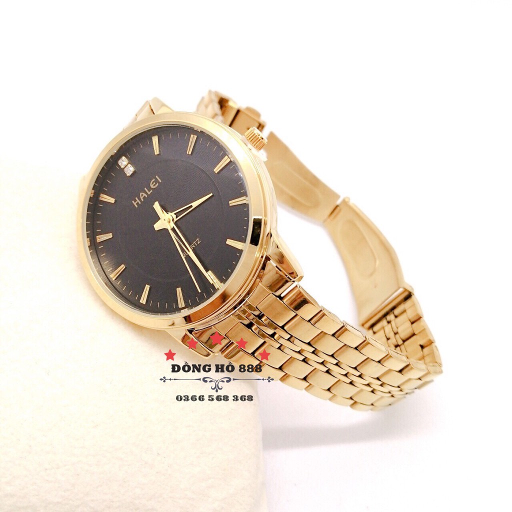 Đồng hồ Nam Nữ Halei máy Nhật chính hãng dây kim loại mạ vàng không ghỉ mặt đen chống xước, chống nước tuyệt đối HL552 | BigBuy360 - bigbuy360.vn