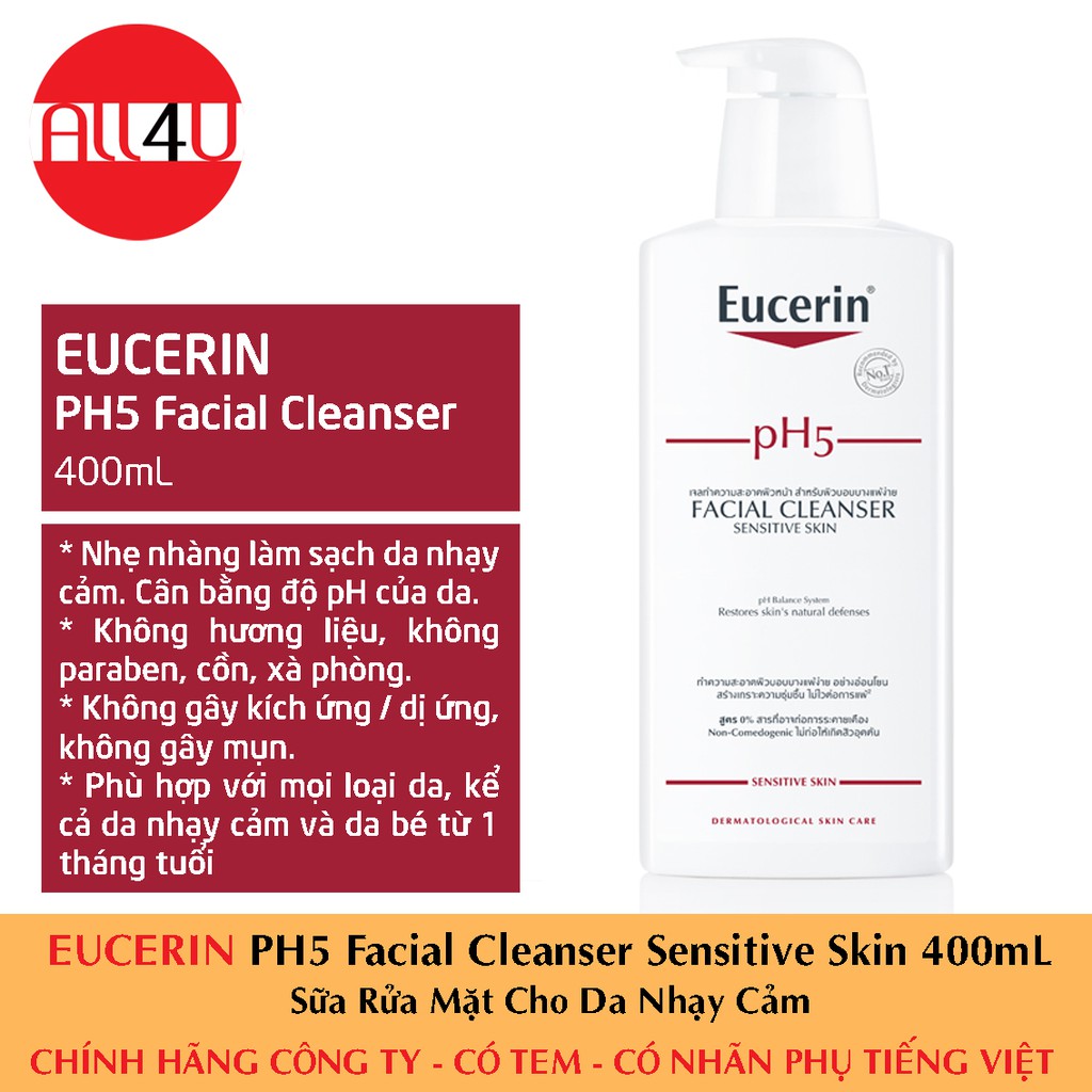 [CHÍNH HÃNG CÓ TEM] Eucerin PH5 Facial Cleanser Sensitive Skin 400mL - Sữa Rửa Mặt Cho Da Nhạy Cảm.