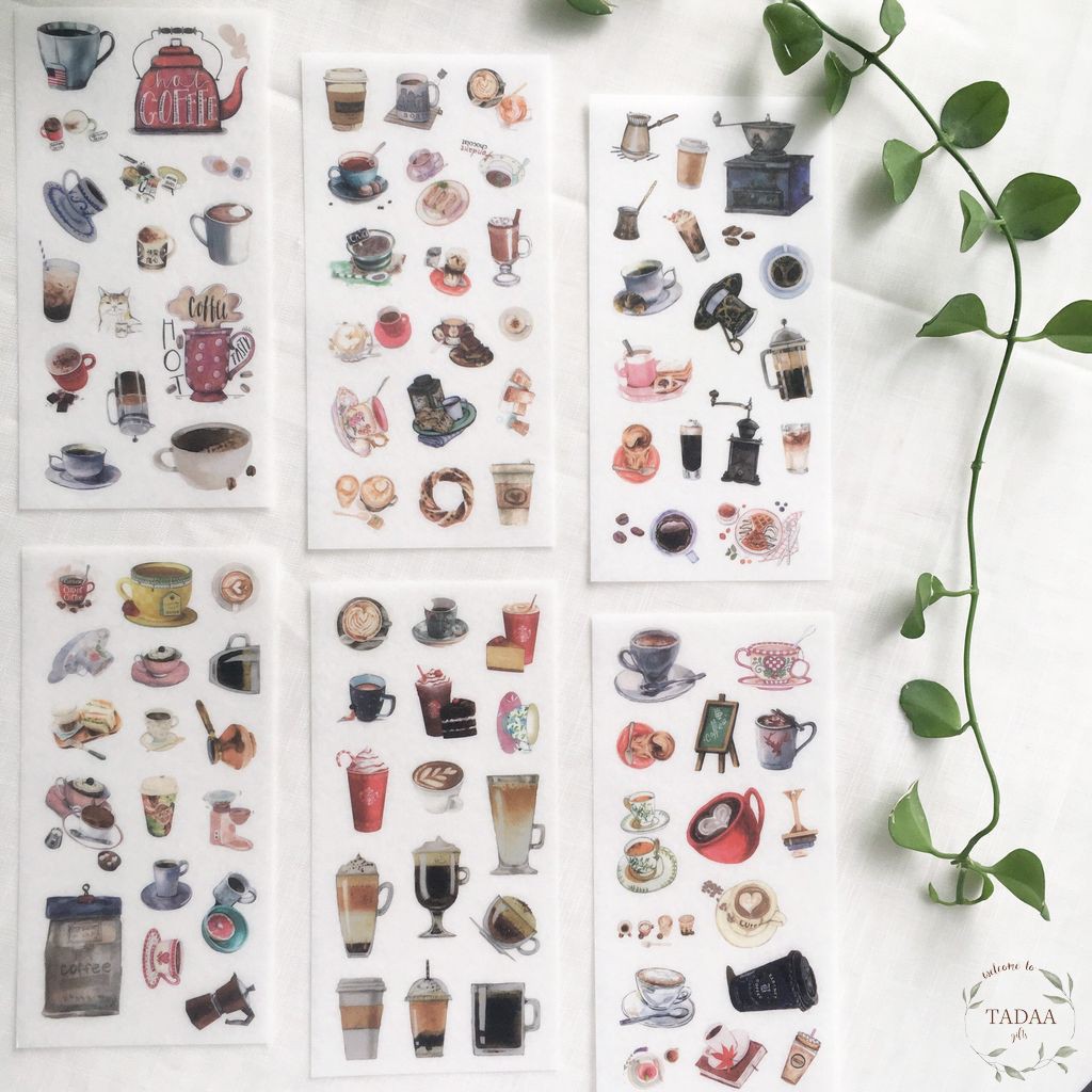 Set 6 sticker hoa lá vintage, món ăn, tiệc trà, chữ retro trang trí bullet journal