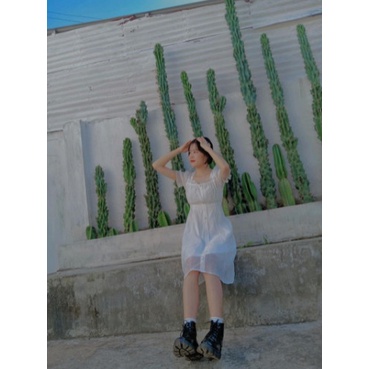 [Ảnh thật] Váy trắng cộc tay cổ vuông cúc bọc - Váy trắng kỉ yếu xoè voan tơ tay bồng