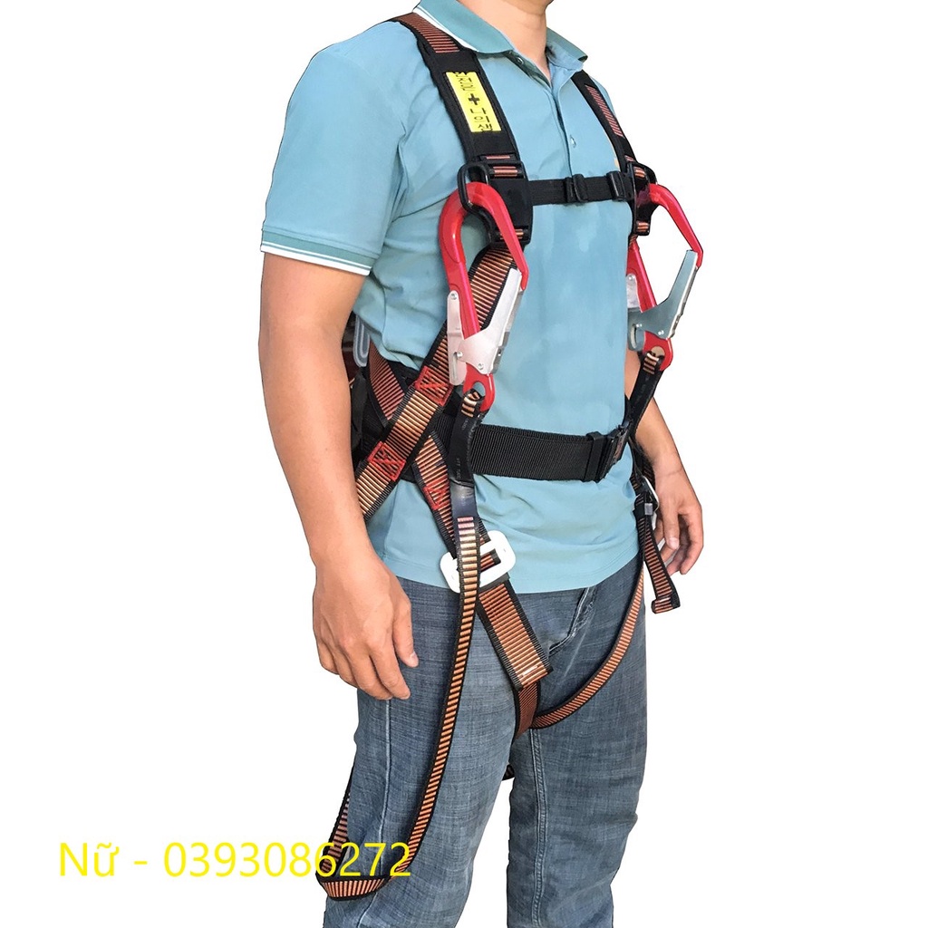Dây đai an toàn lao động thân 2 móc nhôm có giảm sốc khóa bấm HP-BEN11B có đai thắt lưng và túi đựng đồ