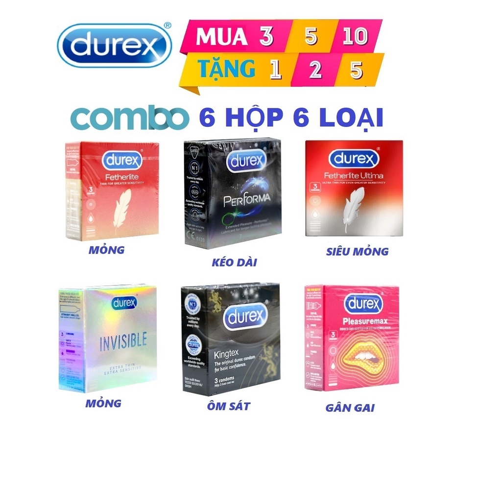 [Tặng 5 Hộp BCS Durex] Khi Mua Combo 6 Loại Bao Cao Su Durex [Hộp 3 Cái] Đầy Đủ Chủng Loại