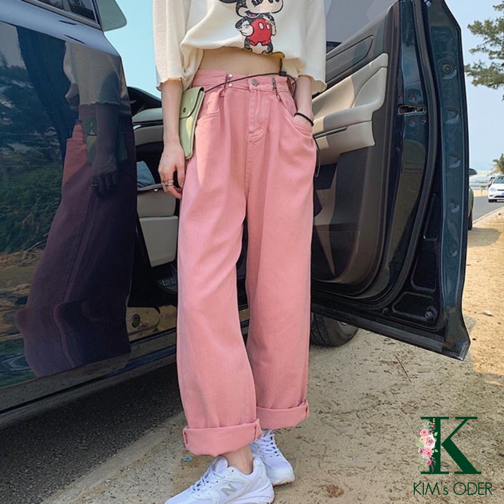 Quần jean nữ ống rộng gài chỉnh eo hồng xanh đen trắng lưng cao dáng suông Ulzzang