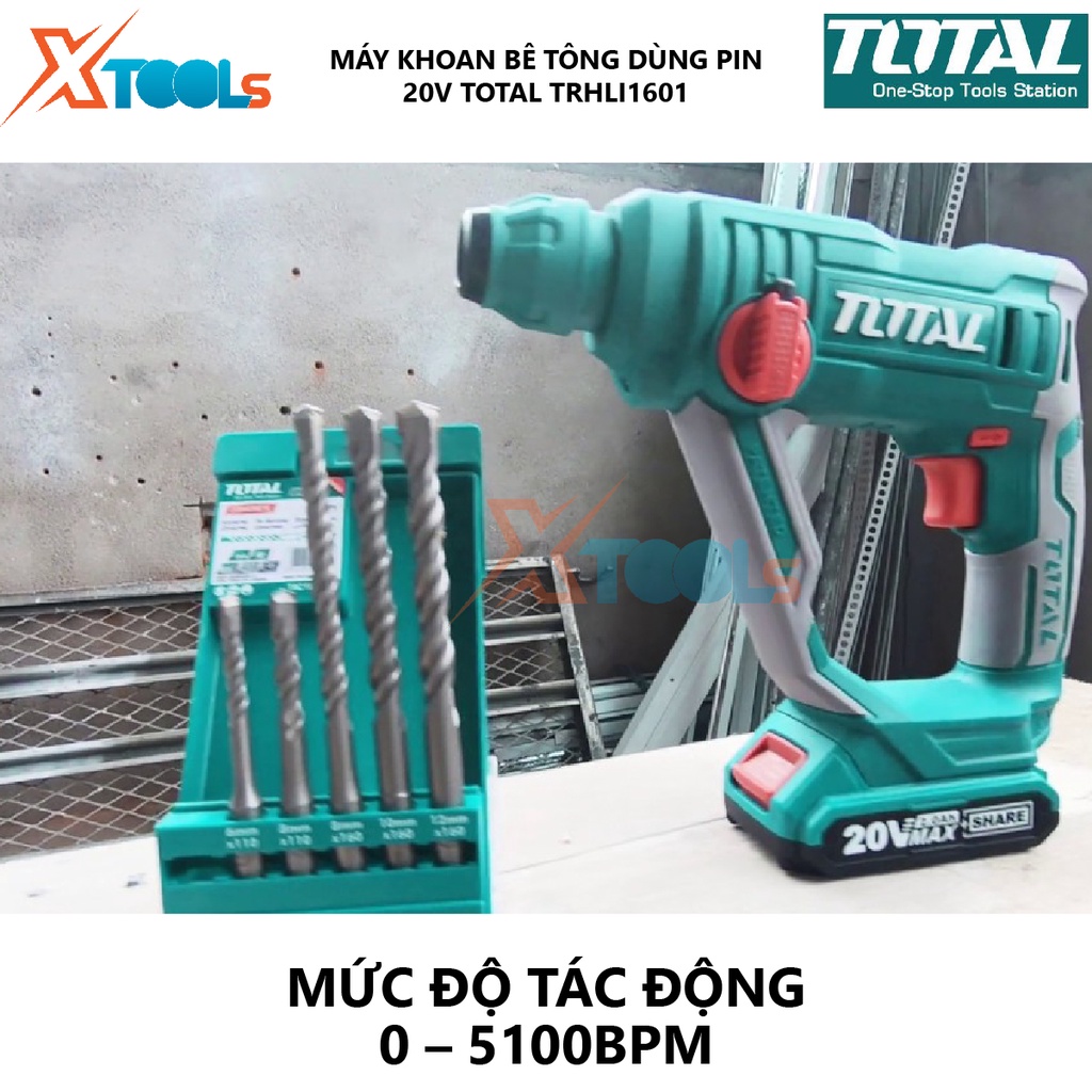 Máy khoan bê tông dùng pin 20V TOTAL TRHLI1601 tốc độ 900rpm, tốc độ búa 5100bpm, khả năng khoan 16 mm, kèm 3 mũi khoan