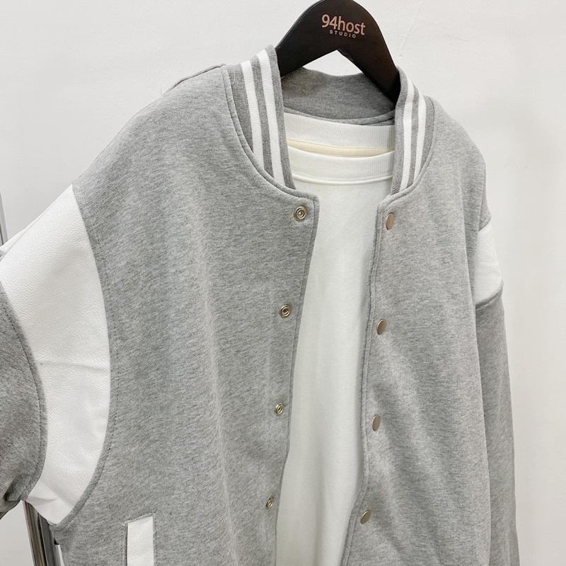ÁO KHOÁC BOMBER PHỐI NỈ TAY VIỀN XÁM