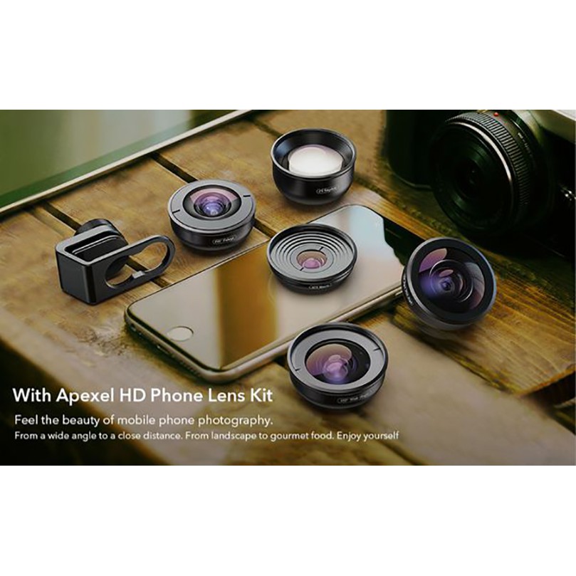 Bộ ống kính, lens 5in1 apexel chụp ảnh 4K cho điện thoại,smartphone,lens góc rộng,lens macro,lens mắt cá, tele zoom